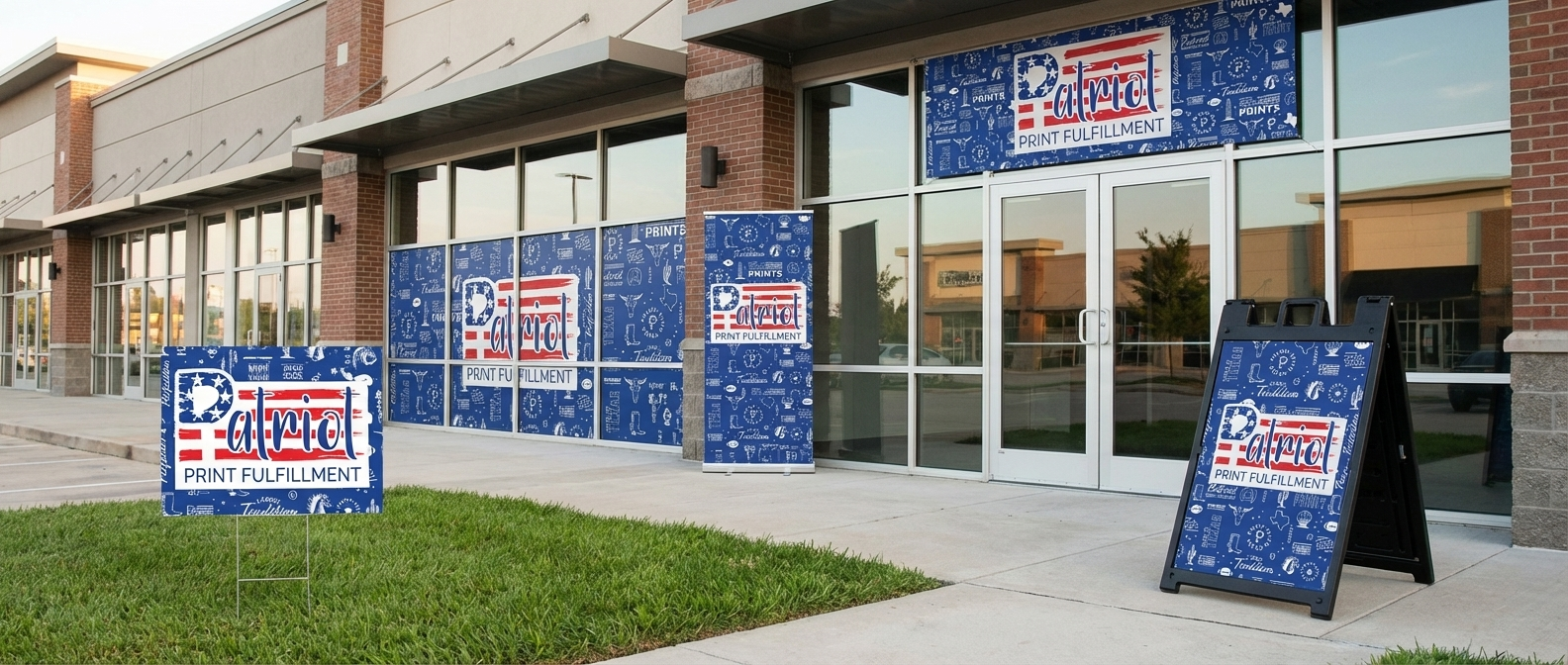 Storefront with Patriot Print Fulfillment signage including yard signs, retractable banners, A-frame signs, and window graphics